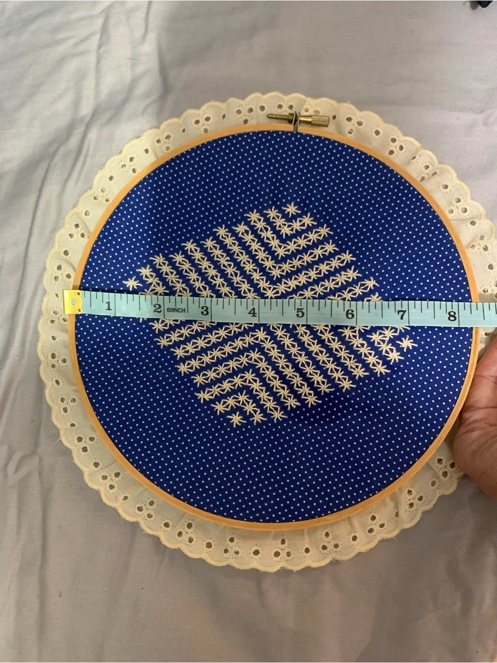Vintage Handmade Embroidery Hoop Wall Art Blue Cottagecore Lace Folk Decor